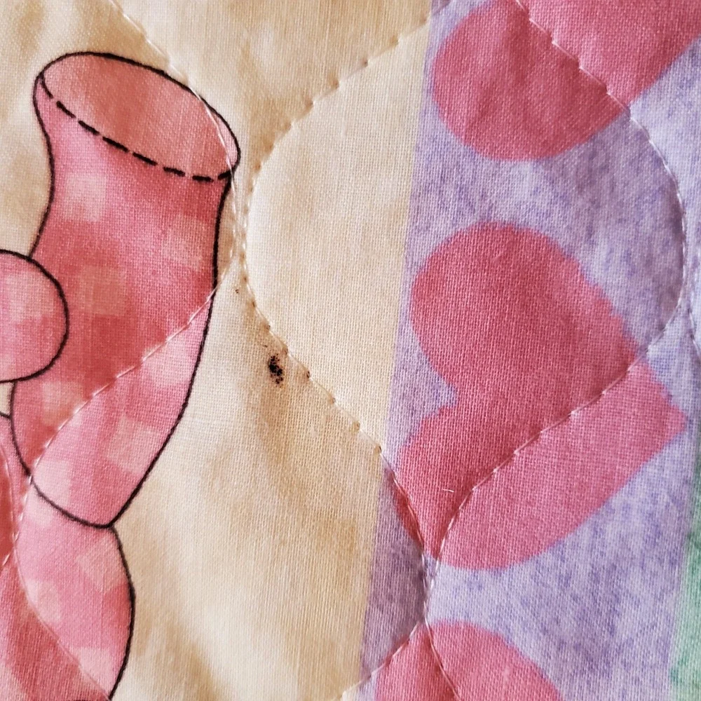 VTG Handmade Baby Quilted‎ Blanket Pastel Bears & Hearts Vintage